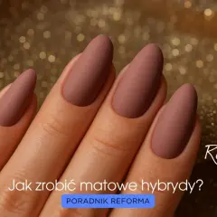 Dłoń z pięknymi, matowymi paznokciami w odcieniu nude. Tekst "Jak zrobić matowe hybrydy?" zachęca do nauki.